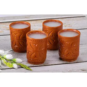 Karru Krafft Handcrafted Terracotta Clay Glass Set/Fruit Juice Glass/Thandai Glass/Lassi Glass Drinkware Tableware Glass - Set of 4