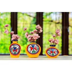 Karru Krafft Handmade Terracotta Clay Warli Printed Yellow Flower Vase for Indoor/Home Decoration Table Top Resort Decoration Pen Pot and Ideal for Gifting Set of 3