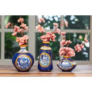 Karru Krafft Handmade Terracotta Clay Madhubani Printed Blue Flower Vase for Indoor / Home Decoration Table Top Resort Decoration and Ideal for Gifting Set of 3 Blue (17.05 x 14.02 x 10.15 cm)