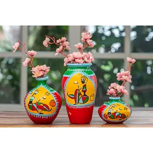 Karru Krafft Handmade Terracotta Clay African Printed Firozi Flower Vase for Indoor / Home Decoration Table Top Resort Decoration and Ideal for Gifting Set of 3 Red (17.05 x 15.06 x 10.15 cm)