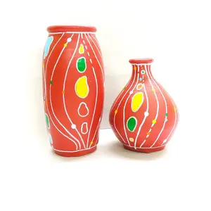 Karru Krafft Handmade Teracotta HandPrinted 7.5 Inch Flower Vase for Home Decoration MotherDay Gifting Corporate Gifting day Gifting Return Gifts Decor Set of 2 (Red)