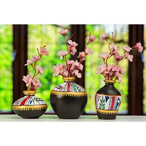 Karru Krafft Handcrafted Terracotta Clay Warli Printed Red Table Top Flower Vase for Table Top Indoor/Home Decoration Table Top Resort Decoration and Ideal for Gifting Set of 3 Black