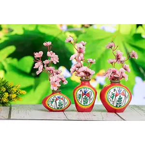 Karru Krafft Wheel Thrown Terracotta Clay Warli Printed Red Table Top Flower Vase for Table Top Indoor/Home Decoration Table Top Resort Decoration and Ideal for Gifting Set of 3 Red