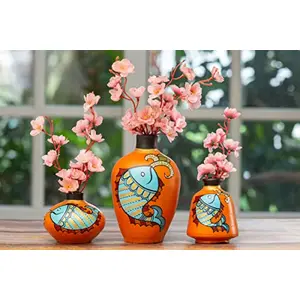 Karru Krafft Wheel Thrown Terracotta Clay Patchitra Printed Firozi Flower Vase for Indoor / Home Decoration Table Top Ideal for Gifting Set of 3 Orange (19.05 x 14.06 x 10.15 cm)