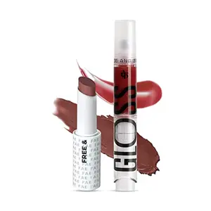 FAE Beauty Modern Matte Lipsticks + Gloss Bundle - Sizzling and Awkward | Cherry Red and Rose Brown | Matte Long lasting Gloss Multiuse For all skin tones