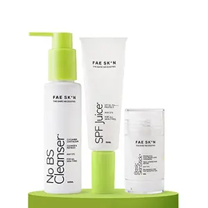 FAE Beauty Three Step Healthy Skin Set | For All Skin Types | Cleanser Serum and SPF | Cleanse Strengthen & Protect Skin | Gentle Facewash Strengthening Serum SPF 50+ PA ++++ | Fragrance Free