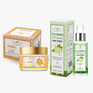 Eartho Essential Vitamin C Skin Brightening Face Pack with Apple Extract Aloevera & Saffron Extract 50g And Cucumber Toner