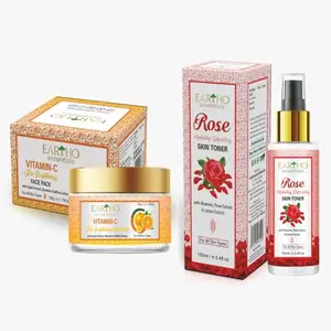 Eartho Essential Vitamin C Skin Brightening Face Pack with Apple Extract Aloevera & Saffron Extract 50g And Rose Toner 100ml