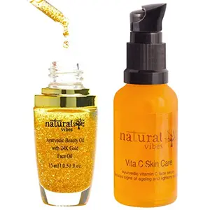 Natural Vibes ~ Beauty Sleep Glow & Repair Night (Serum + oil) with Vitamin C Skin Care Face Serum 30 ml and Gold Beauty Oil with 24 Pink Gold Flakes 15 ml