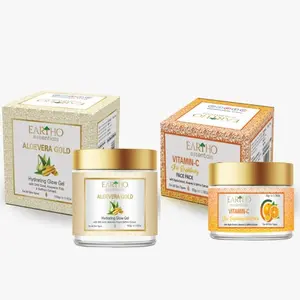 Eartho Essential Aloevera Gold Hydrating Glow Gel With 24k GoldAloevera pulp & saffron extract 100g And Vitamin C Pack 50g