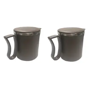 Dynore Stainless Steel Insulated 2 Pc Double Walled Plastic Covered Air Tight Travel Tea/Coffee Mug with Lid- Coffee Color