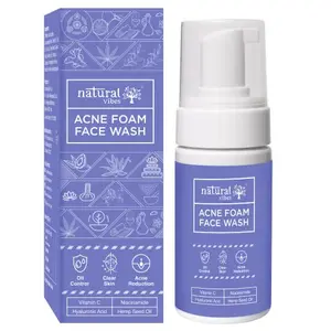 Natural Vibes Anti Acne Foam Face Wash with Vitamin C | Hyaluronic Acid | Niacinamide | Dark Spots | Controls Oil | Hydrate | Bright Clear Glowing Skin | Men & Women | All skin types | 125ml
