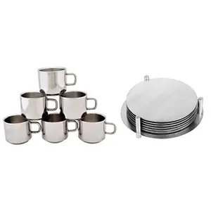 Dynore Stainless Steel Set of 6 Tea Cup and Round Coaster