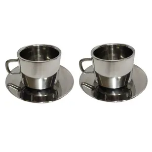 Dynore Stainless Steel 2 Tea Cup with 2 Saucer Plate Serving Set
