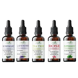Natupure Rosemary Lavender Tea Tree Rose Peppermint Essential Oil Combo Pack of 5