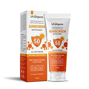 LA Organo Matte Finish All Day Cream SPF 50 PA+++ UVA/UVB Protection Water Resistant with Zinc Oxide and Titanium Dioxide 100g