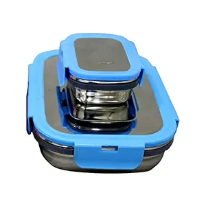 Dynore 304 grade Stainless steel airtight tiffin with inner box with lid Blue Color