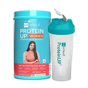 HealthKart HK Vitals ProteinUp Women with Soy Whey Protein Collagen Vitamin C E & Biotin for Strength and Beauty (Vanilla 400 g / 0.88 lb) with Shaker 600 ml (Combo Pack)