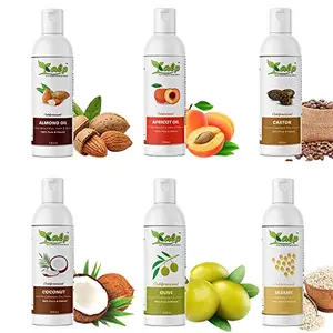 Kalp Pack Of 6 Carrier oils-100ml each Castor oil Almond oil Apricot oil Coconut oil Olive oil -100% pure natural pressed for hair skin and face -600ml