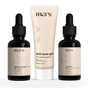 mars by GHC Complete Skin Care Kit Anti Acne Gel (30 g) Glow Serum (30 ml) Anti Aging Serum (30 ml) Fine Lines Promotes Skin Glow & Scar Removal | Chemical Free (Set of 3)