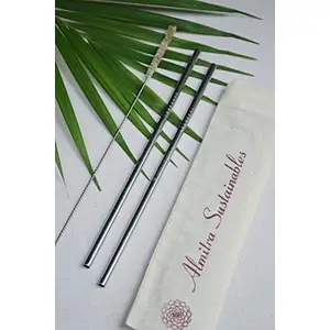 Almitra Sustainables Reusable Stainless Steel Drinking Straws with Straw Cleaning Brush Travel pouch (Pack of 2 Straight Straws | 1 Brush)