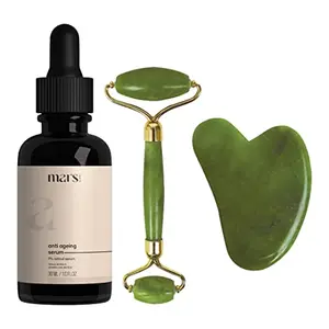 mars by GHC Anti Aging Massager Combo Anti Aging Serum (30 ml) Jade Roller & Gua Sha Fine Lines HeHyper Pigmentation & Skin | Chemical Free (Set of 2)