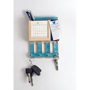 Warli Wooden Multi Utility Calendar Keyhook with Letter Holder and pin Board with a Blue Finish