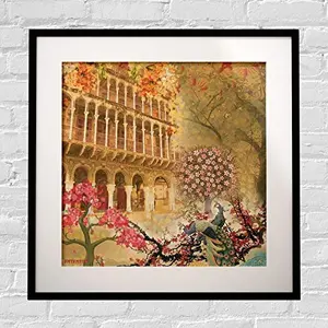 Historical Fort and Floral Themed Framed Art Print,(12x12)