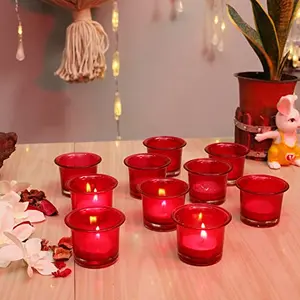 Tealight Holder Glass Candle Holder Stand with Free Candle 3inch Set of 10 (Red Cup)