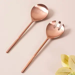 Serving Spoon & Salad Server Fork Cutlery with long handle Set of 2 for Dining Table/Kitchen | 1 Serving Spoon 1 Salad/Noodles Serving | Shiny Polish Stainless Steel - Daily Home Party or Restaurant Use(Copper)