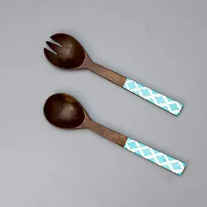 Wooden Salad Serving Spoon & Fork with Long Handle Set of 2 | Salad Serving Spoons for Dining Table Kitchen Serveware Home Party Restaurant - Sky Blue Mango Wood