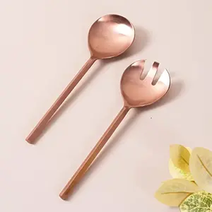 Serving Spoon & Salad Server Fork Cutlery with long handle Set of 2 for Dining Table/Kitchen | 1 Serving Spoon 1 Salad/Noodles Serving | Shiny Polish Stainless Steel - Daily Home Party or Restaurant Use(Rose Gold or copper)