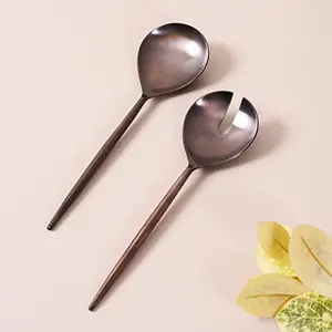 Serving Spoon & Salad Server Spoon with long Handle Set of 2 for Dining Table/Kitchen | 1 Serving Spoon 1 Salad/Noodles Serving | Shiny Polish Stainless Steel - Daily Home Party or Restaurant Use(Copper)