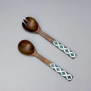 Wooden Salad Serving Spoon & Fork with Long Handle Set of 2 | Salad Serving Spoons for Dining Table Kitchen Serveware Home Party Restaurant - Green Mango Wood