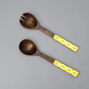 Wooden Salad Serving Spoon & Fork with Long Handle Set of 2 | Salad Serving Spoons for Dining Table Kitchen Serveware Home Party Restaurant - Yellow Mango Wood