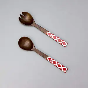 Wooden Salad Serving Spoon & Fork with Long Handle Set of 2 | Salad Serving Spoons for Dining Table Kitchen Serveware Home Party Restaurant - Red Mango Wood