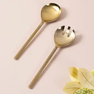 Serving Spoon & Salad Server Fork Cutlery with long handle Set of 2 for Dining Table/Kitchen | 1 Serving Spoon 1 Salad/Noodles Serving | Shiny Polish Stainless Steel - Daily Home Party or Restaurant Use(Gold)