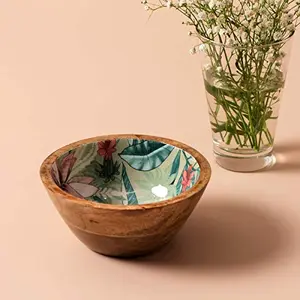 Serving Bowls Wooden for Snacks Dry Fruits | Printed Decorative Wooden Potpourri Bowls | Mango Wood with Decaling Print with Clear Enamel | Wooden Green Floral Print 6 Inches Diameter