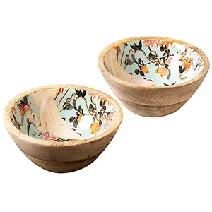 Serving Bowls Wooden for Snacks Dry Fruits | Printed Decorative Potpourri Bowls | Mango Wood with Decaling Print with Clear Enamel | Green Flamingo Print 6 Inches Diameter Set of 2