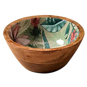 Bowls for Serving Wooden for Snacks Dry Fruits | Printed Decorative Potpourri Bowls | Mango Wood with Decaling Print with Clear Enamel | Green Floral Print 6 Inches Diameter