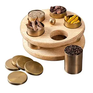 Spice Masala Box Dabba Jars for Kitchen | Round Powder Container Set lid for Storage Tabletop | Iron Brass Plating Finish & Mango Wood Gold (5 Jars)