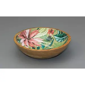 Serving Bowls Wooden for Snacks Dry Fruits | Colored Decorative Potpourri Bowls | Mango Wood with Decaling and Clear Enamel | Green Color 10 Inches Diameter