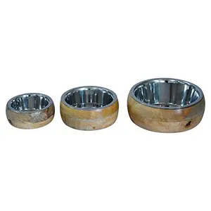 Wooden Stainless Steel Dog Food Bowl | Dog Accessories Water Food Feeding Bowl with Wooden Support for cat|Pets |Puppy (Large)