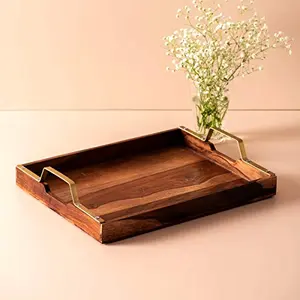 Wooden Tray Serving for home | Dining table decorative trays | Serving tray for party guests | Rectangle platter with handles (Brown Sheesham Wood with Iron Gold plated Handles) 15 X 12 Inches