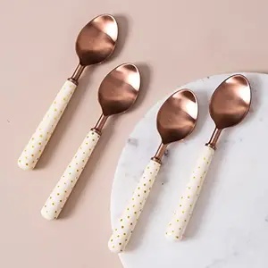 Dinner Spoon Set (4 Piece) Flatware Stainless Steel Dinner Spoon chammach Table Ware dinnerware Cutlery Set (Copper White Polka Dots)
