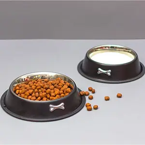 Stainless Steel Dog Food Bowl Combo| Dog Accessories Water Food Feeding Bowl with Metal Bone Design Support for cat|Pets |Puppy (Black)