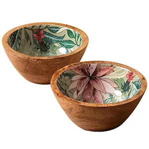 Wooden Bowl for Snacks Desserts Dry Fruits | Printed Decorative Potpourri Bowls | Mango Wood with Decaling Print with Clear Enamel | Green Floral Print 6 Inches Diameter Set of 2