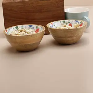 Serving Bowls Wooden for Snacks Dry Fruits | Printed Decorative Potpourri Bowls | Mango Wood with Decaling Print with Clear Enamel | White Floral Print 6 Inches Diameter Set of 2