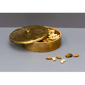 Dry Fruits Box Dabba Jars for Kitchen | Round Powder Container Wooden Base Masala Box Set with Iron Gold lid for Storage Masala Tabletop Gold (7 Jars)
