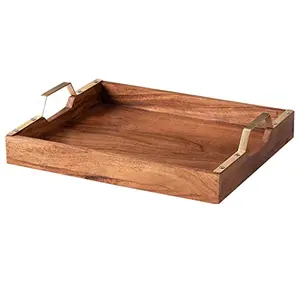 Natural Wooden Handcrafted Serving Platter Cheese Board with Golden Handle for Serving Snacks 14" Brown